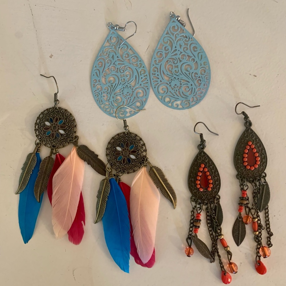 Set of 3 pairs of Boho Earrings, good condition! Blues & Feathers. Great gifts!
